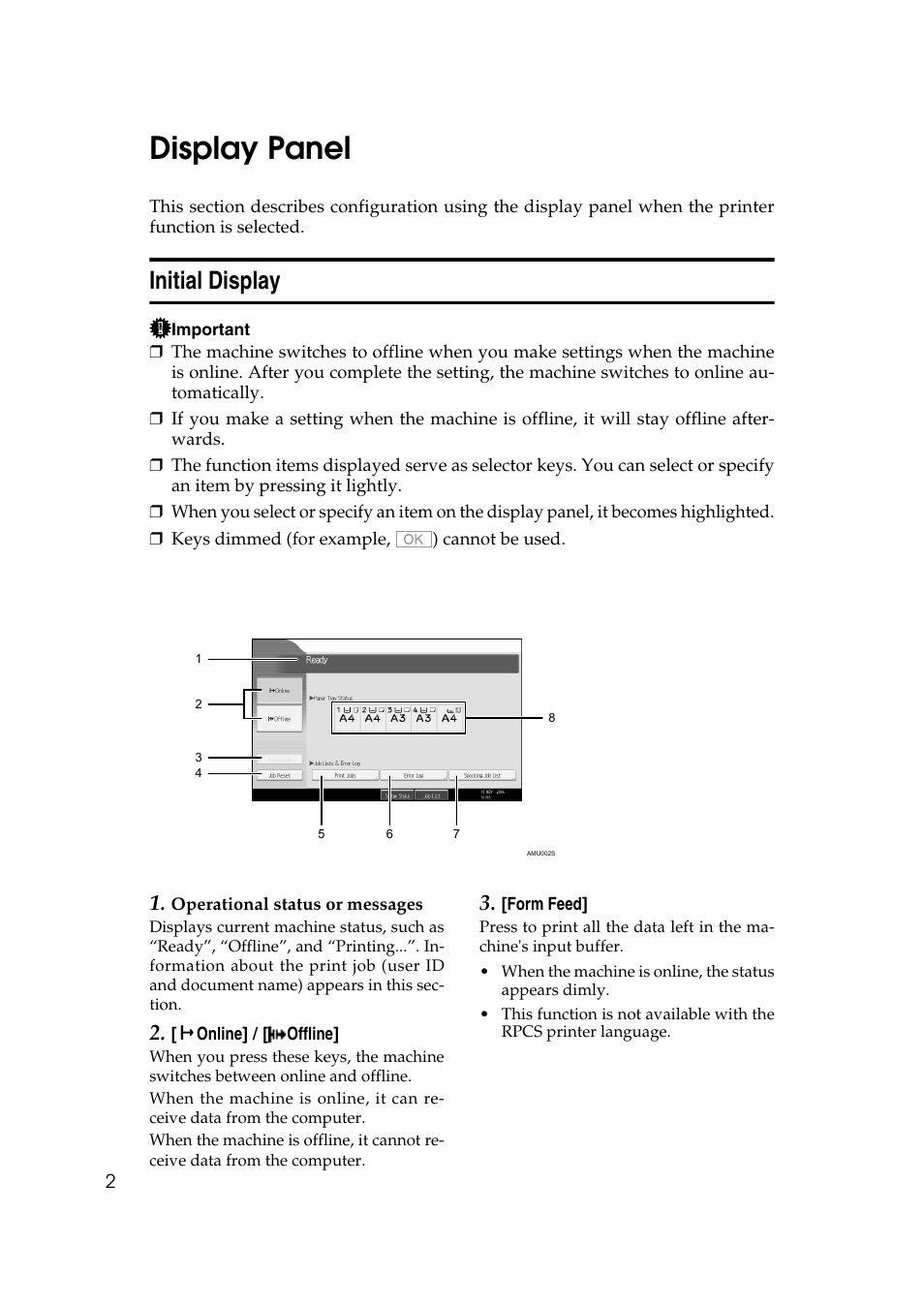 Display panel, Initial display | Ricoh Printer Reference User Manual | Page 10 / 162