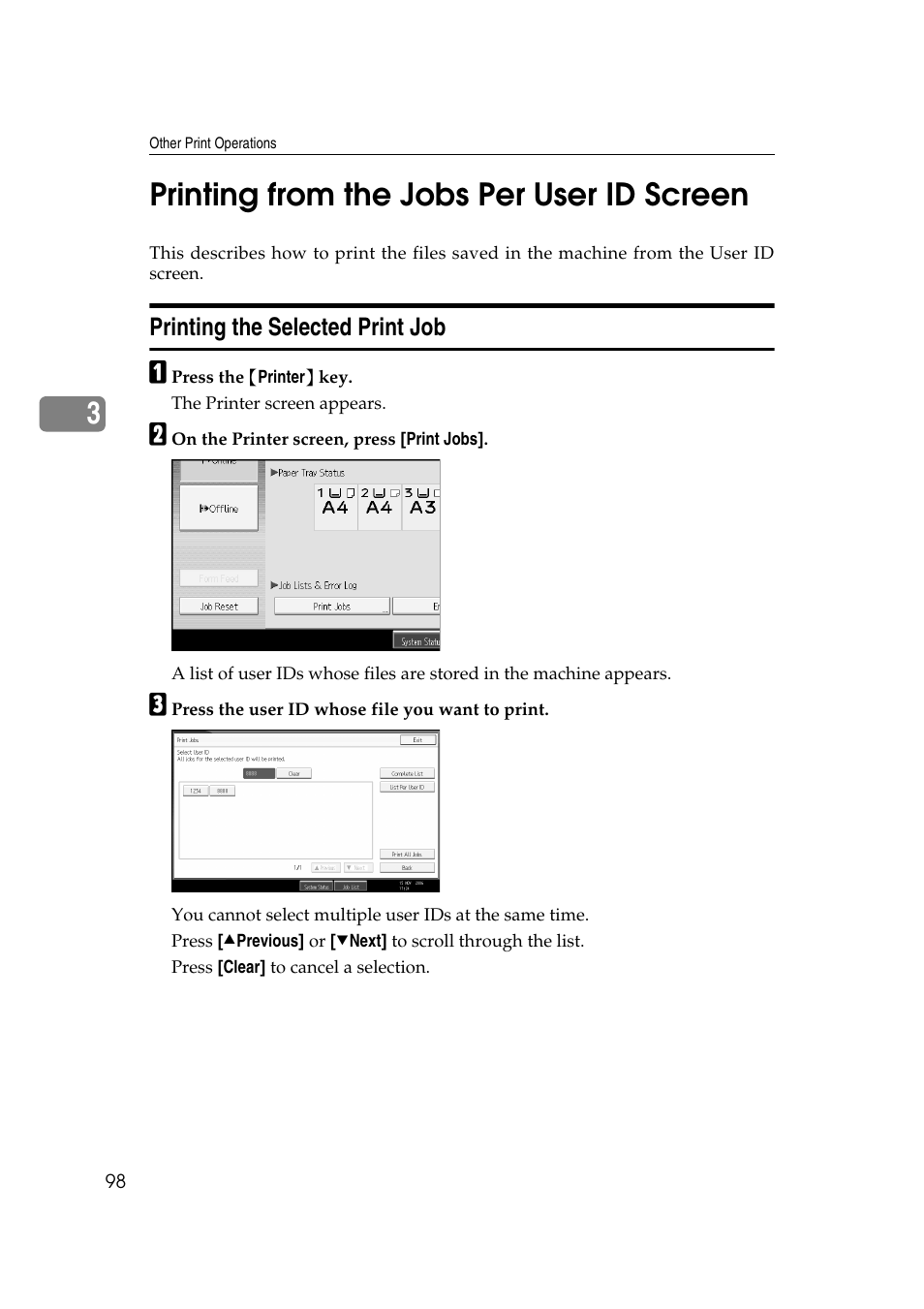 Printing from the jobs per user id screen, Printing the selected print job, 3printing from the jobs per user id screen | Ricoh Printer Reference User Manual | Page 106 / 162