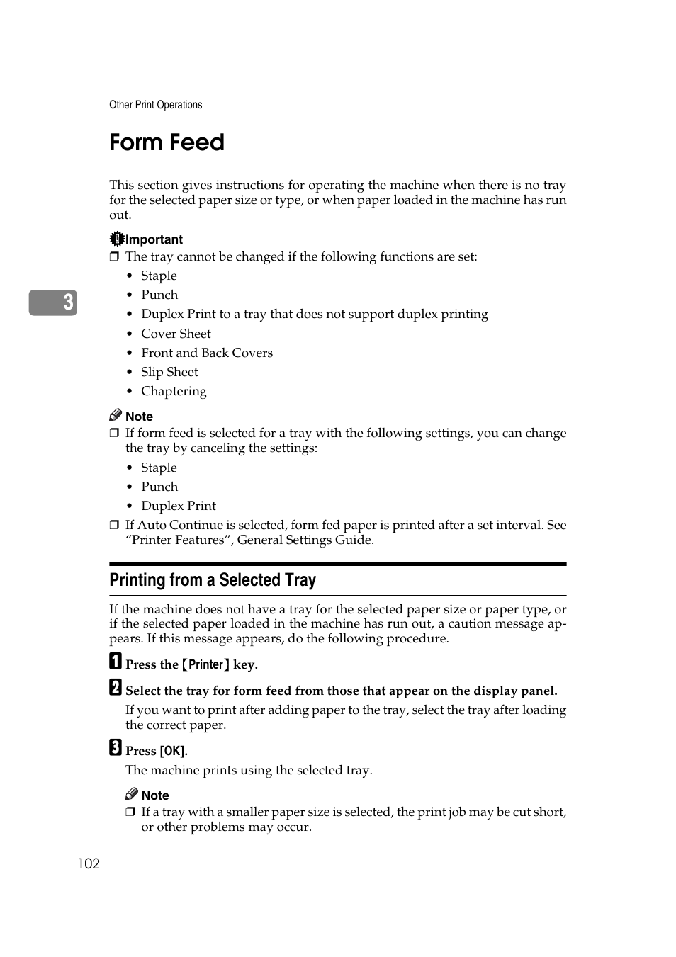 Form feed, Printing from a selected tray, 3form feed | Ricoh Printer Reference User Manual | Page 110 / 162
