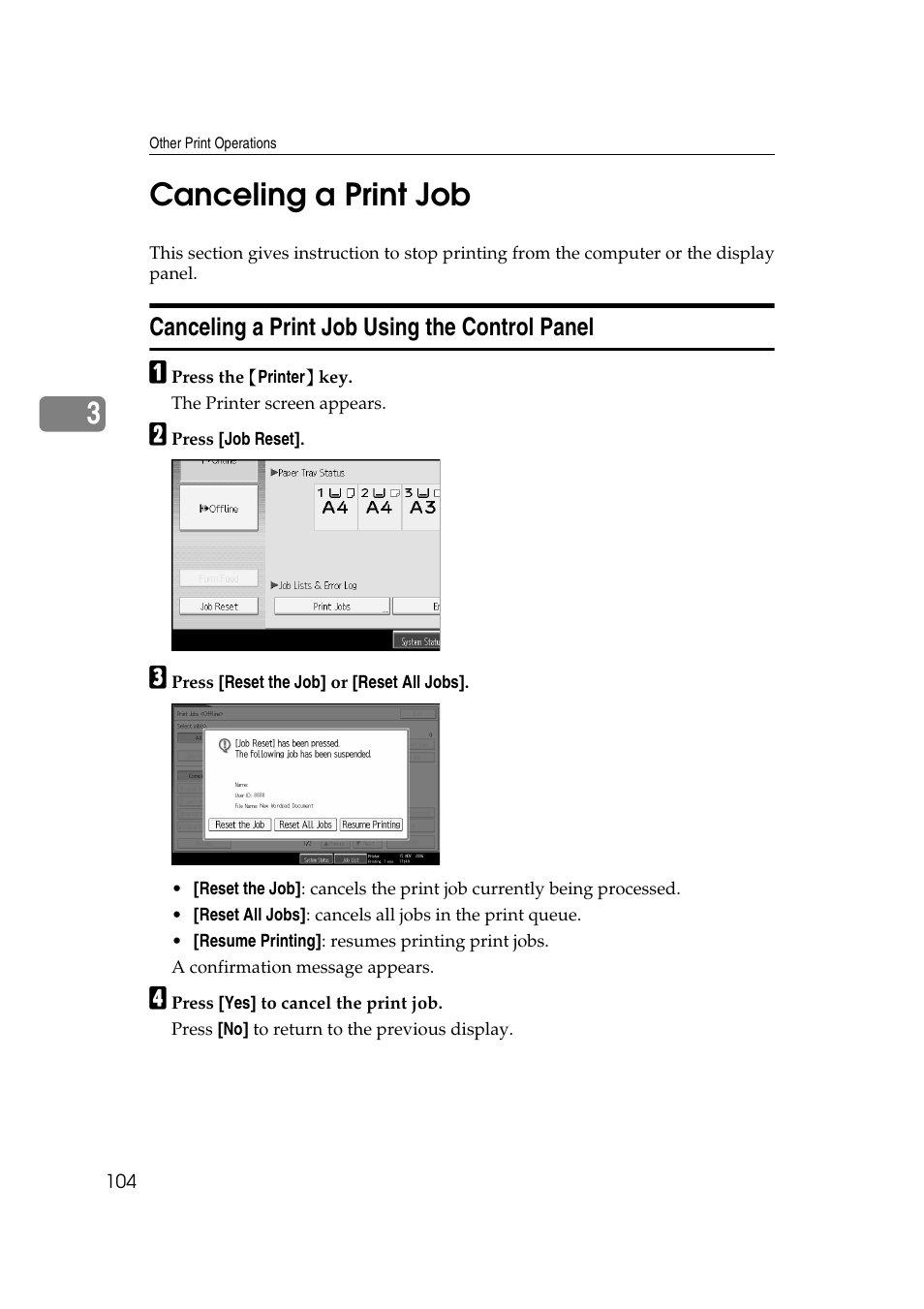 Canceling a print job, Canceling a print job using the control panel, 3canceling a print job | Ricoh Printer Reference User Manual | Page 112 / 162