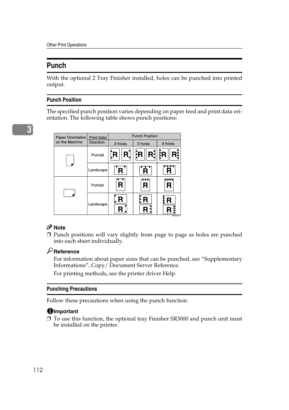 Punch, Punch position, Punching precautions | Ricoh Printer Reference User Manual | Page 120 / 162