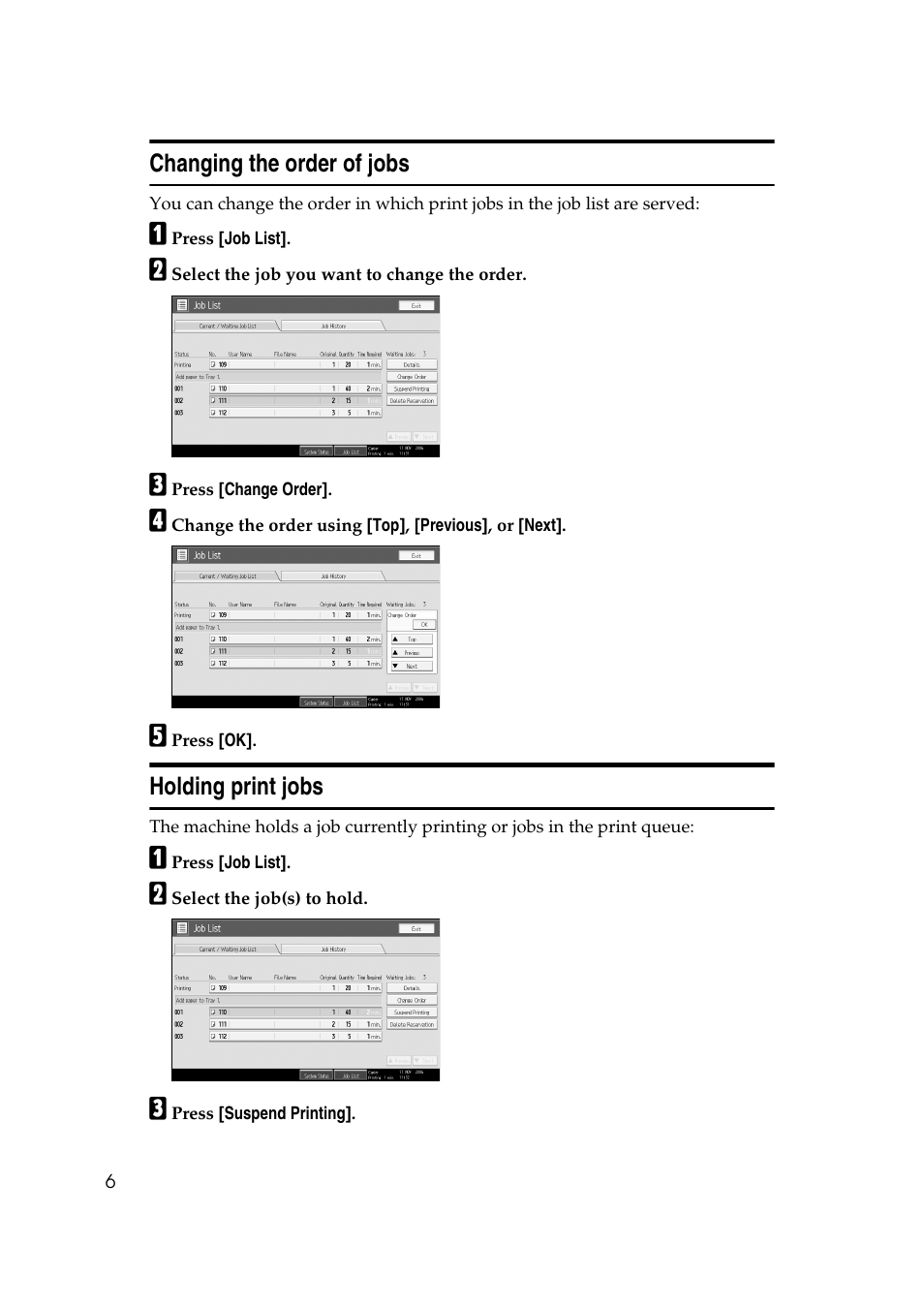Changing the order of jobs, Holding print jobs, Changing the order of jobs holding print jobs | Ricoh Printer Reference User Manual | Page 14 / 162