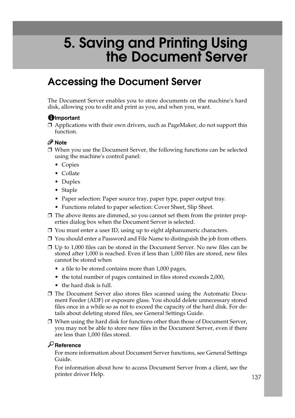 Saving and printing using the document server, Accessing the document server | Ricoh Printer Reference User Manual | Page 145 / 162