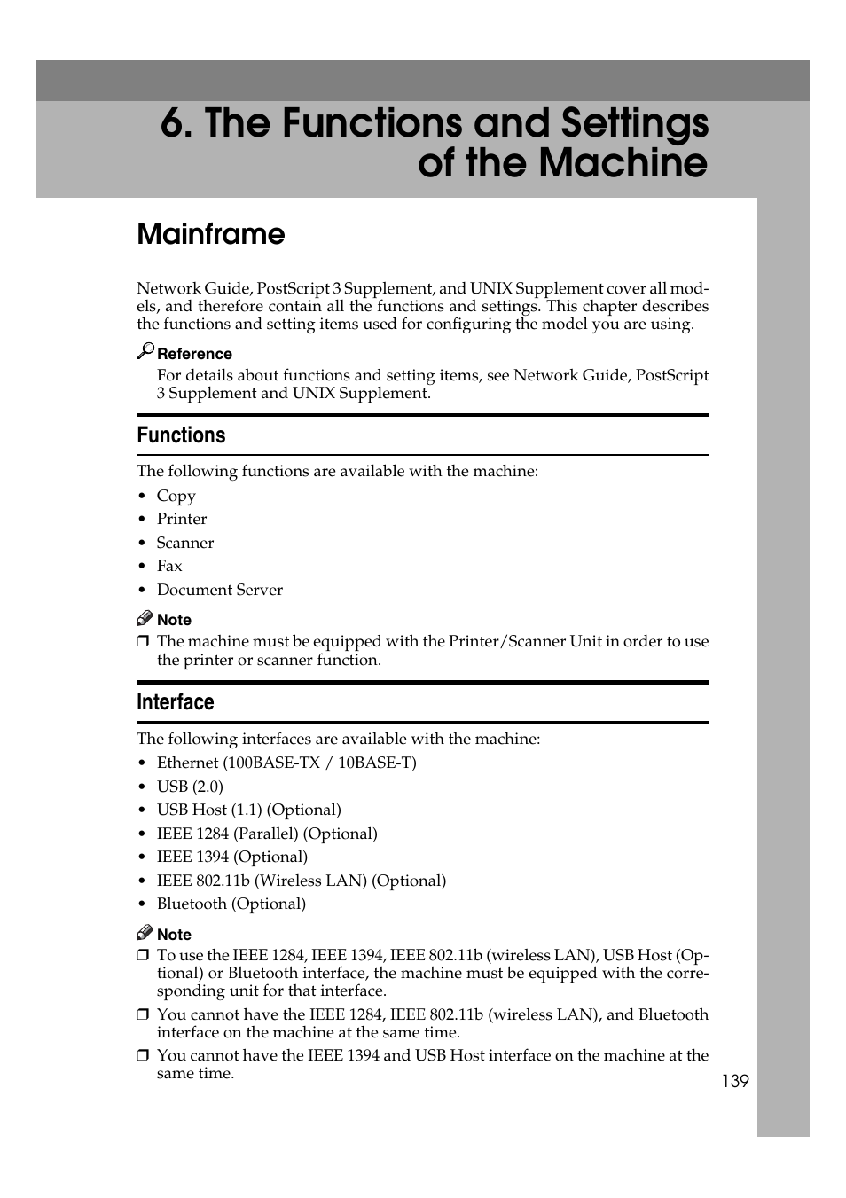 The functions and settings of the machine, Mainframe, Functions | Interface, Functions interface | Ricoh Printer Reference User Manual | Page 147 / 162