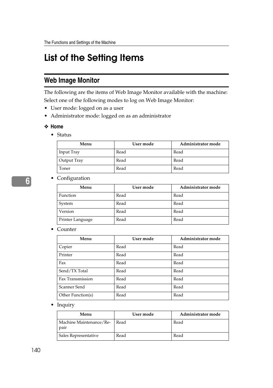 List of the setting items, Web image monitor, 6list of the setting items | Ricoh Printer Reference User Manual | Page 148 / 162