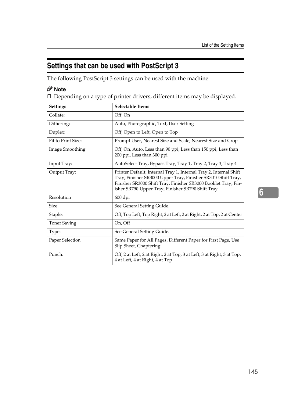 Settings that can be used with postscript 3 | Ricoh Printer Reference User Manual | Page 153 / 162