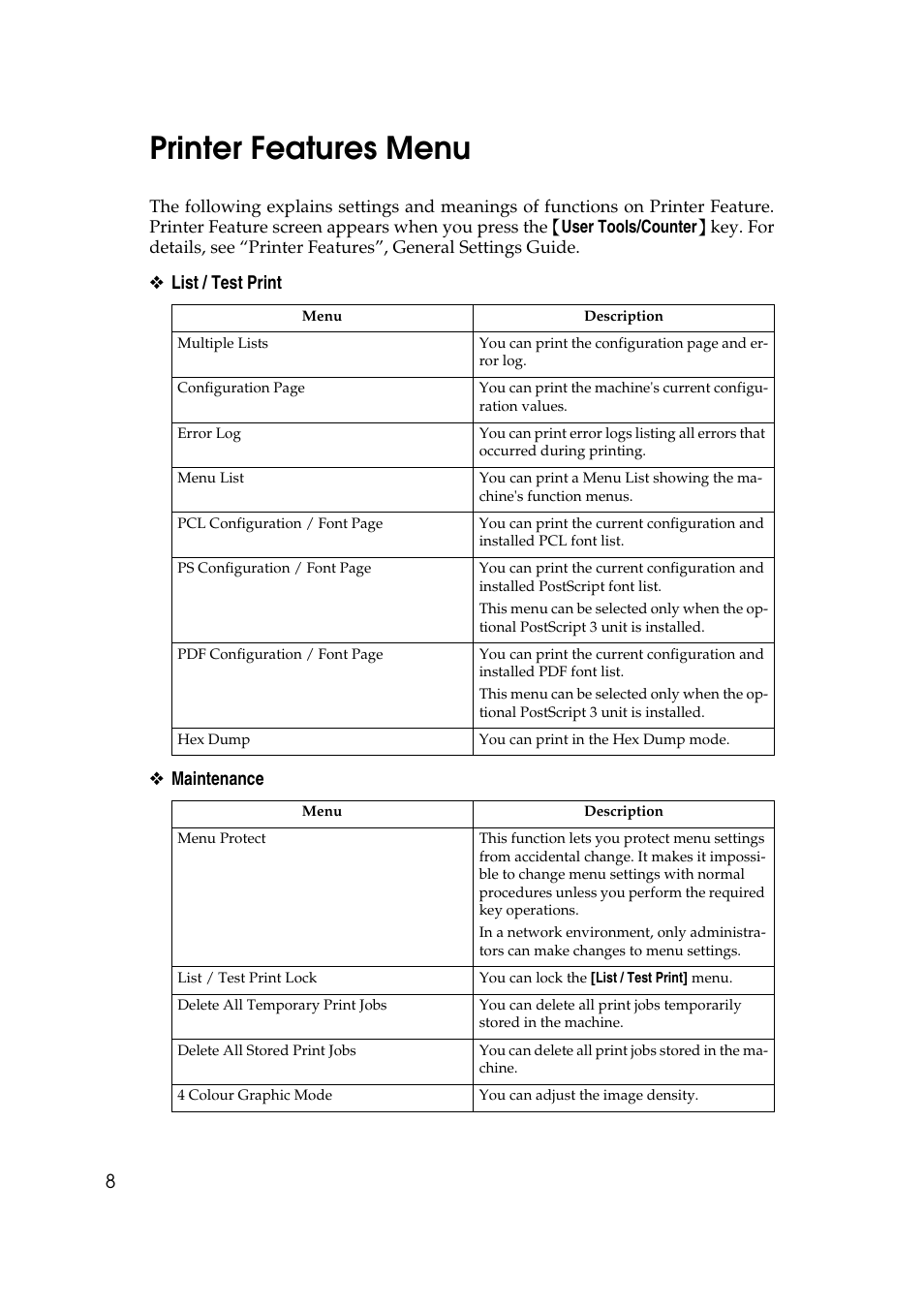 Printer features, Printer features menu | Ricoh Printer Reference User Manual | Page 16 / 162