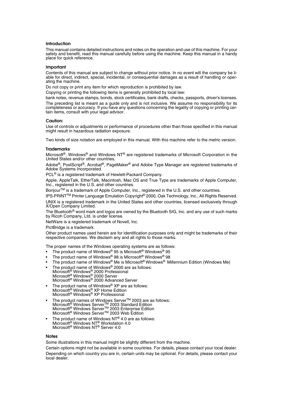 Introduction, Important, Caution | Trademarks, Notes | Ricoh Printer Reference User Manual | Page 2 / 162