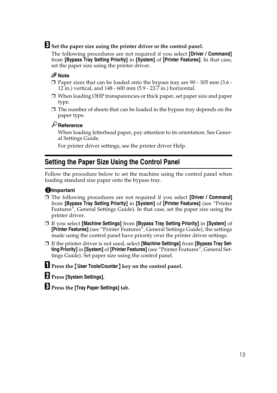 Setting the paper size using the control panel | Ricoh Printer Reference User Manual | Page 21 / 162