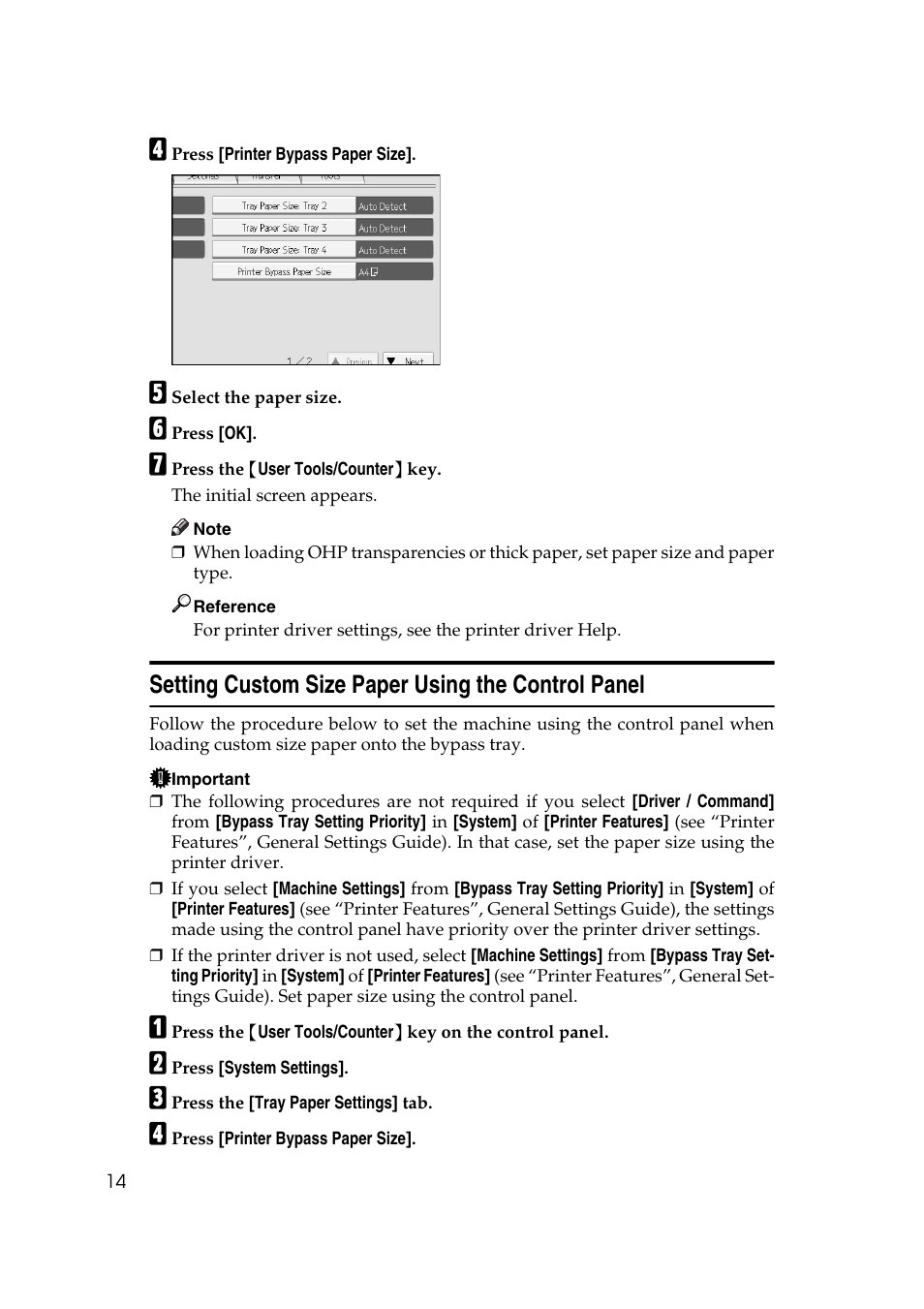 Setting custom size paper using the control panel | Ricoh Printer Reference User Manual | Page 22 / 162