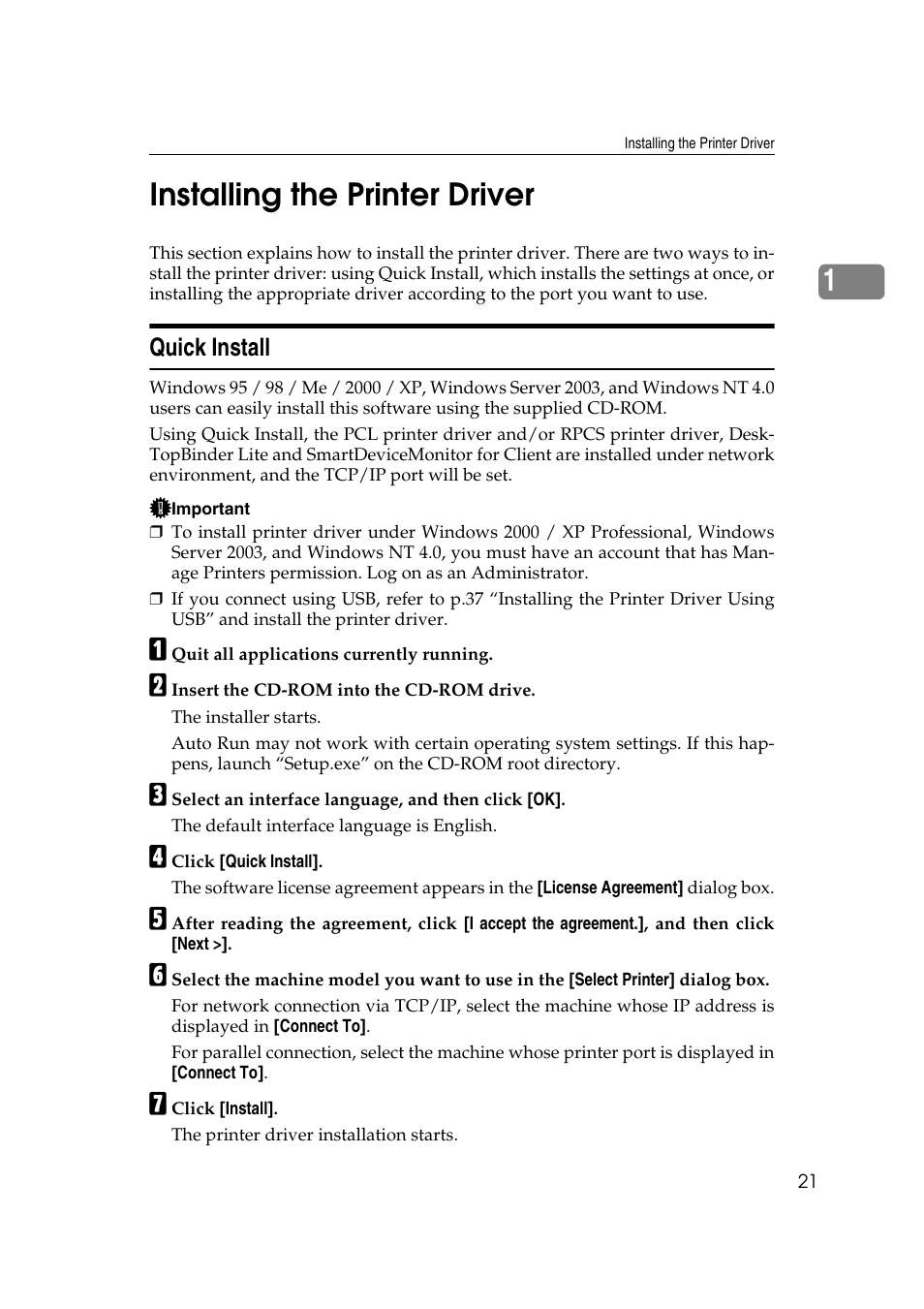 Installing the printer driver, Quick install, 1installing the printer driver | Ricoh Printer Reference User Manual | Page 29 / 162