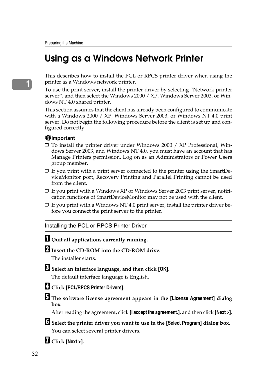 Using as a windows network printer, 1using as a windows network printer | Ricoh Printer Reference User Manual | Page 40 / 162