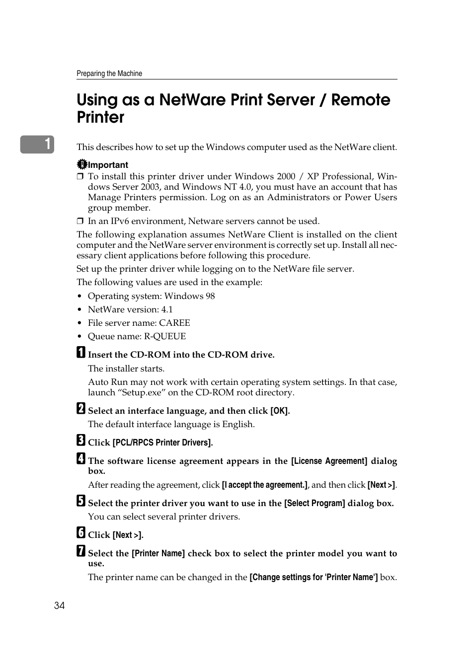 Using as a netware print server / remote printer, 1using as a netware print server / remote printer | Ricoh Printer Reference User Manual | Page 42 / 162