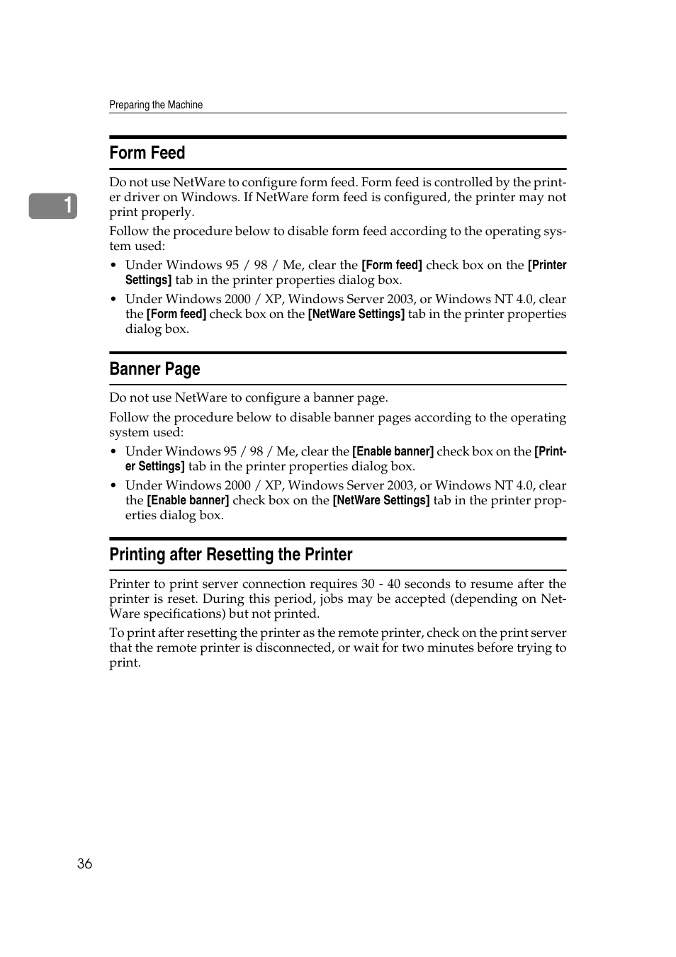 Form feed, Printing after resetting the printer, Banner page | Ricoh Printer Reference User Manual | Page 44 / 162