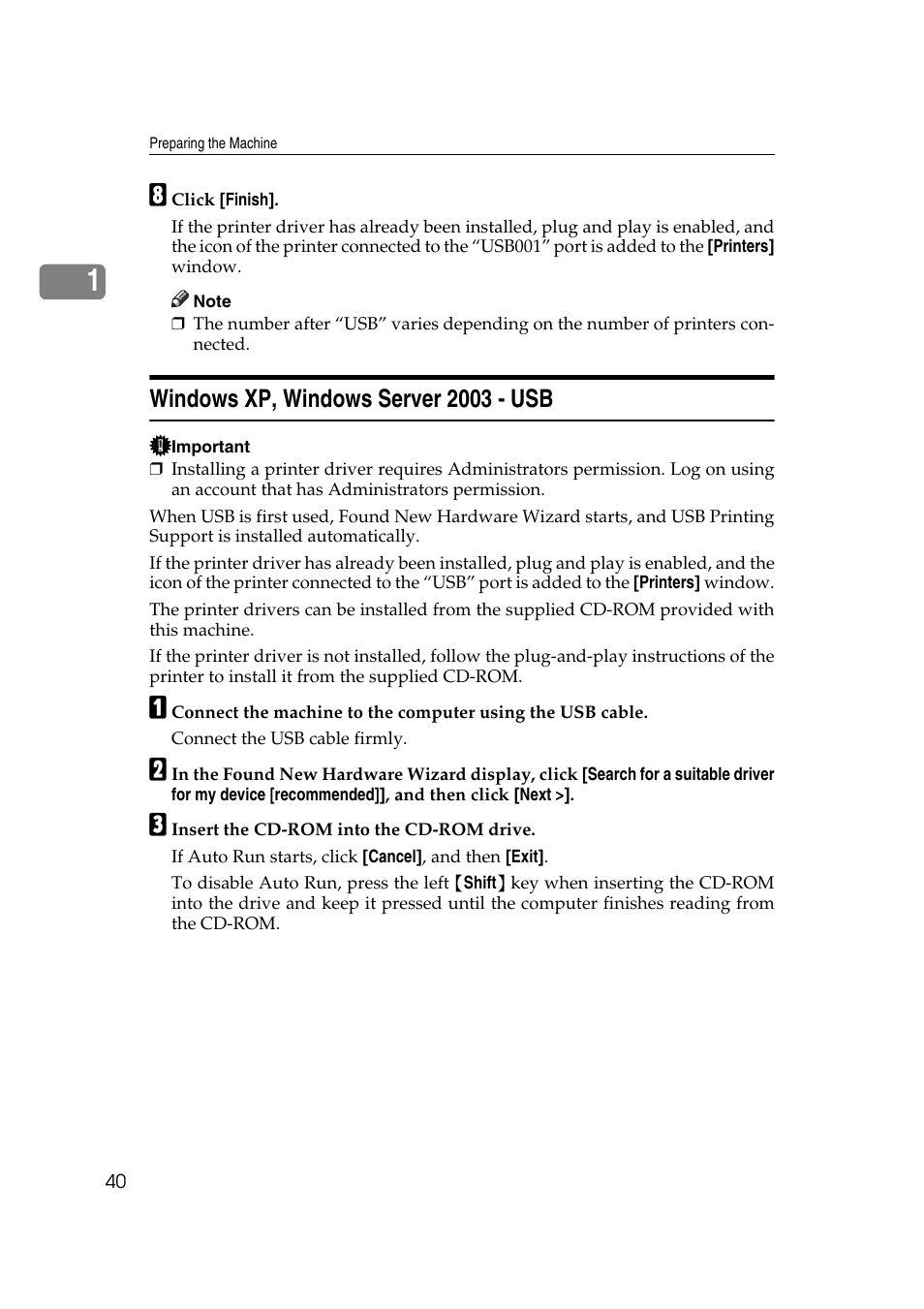 Windows xp, windows server 2003 - usb | Ricoh Printer Reference User Manual | Page 48 / 162