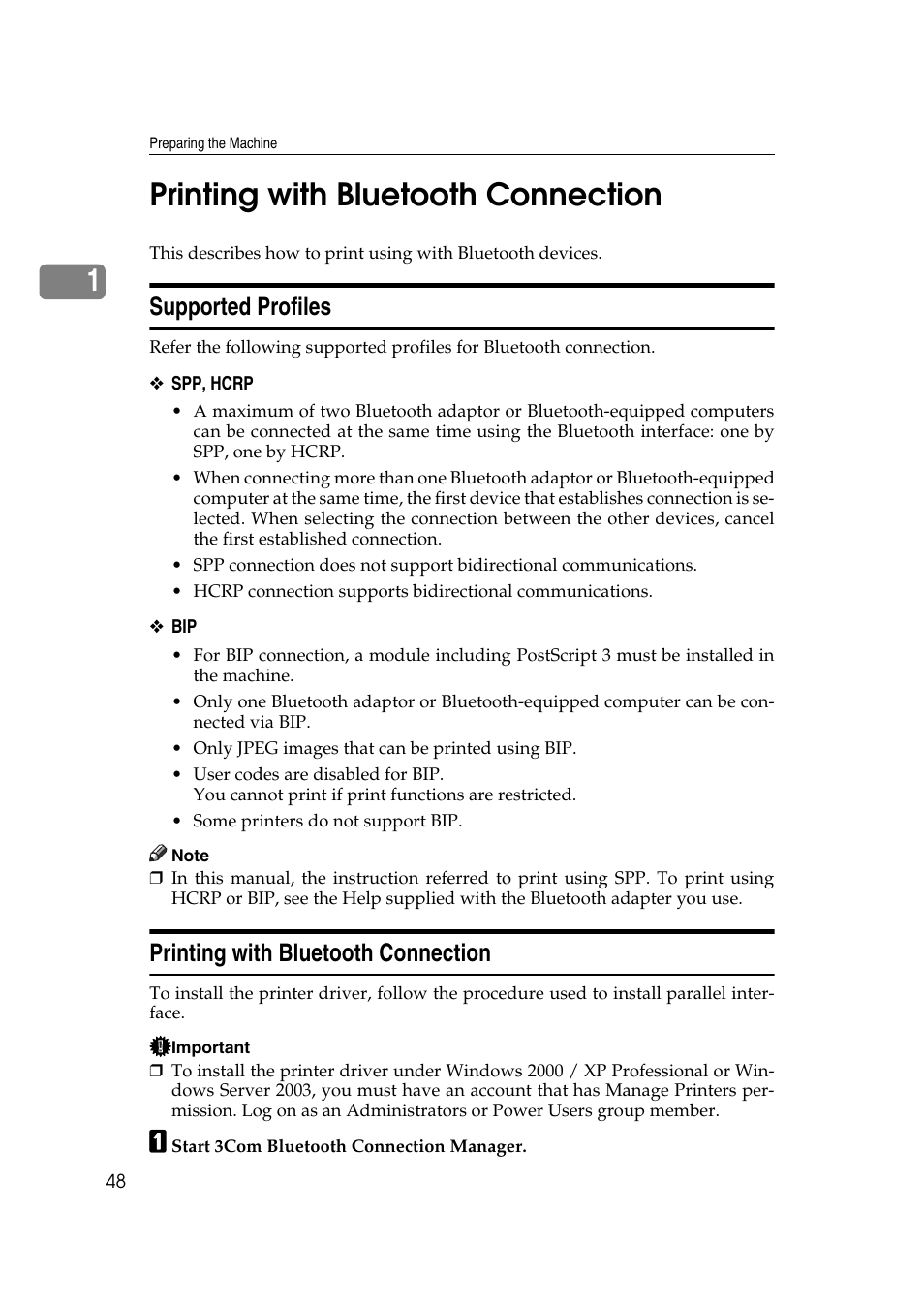 Printing with bluetooth connection, Supported profiles, P.48 “printing with bluetooth connection | 1printing with bluetooth connection | Ricoh Printer Reference User Manual | Page 56 / 162