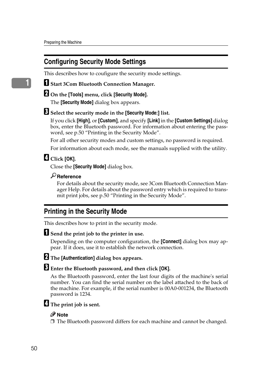 Configuring security mode settings, Printing in the security mode | Ricoh Printer Reference User Manual | Page 58 / 162