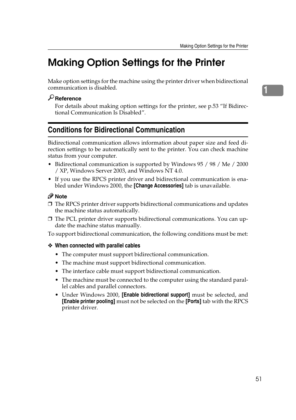 Making option settings for the printer, Conditions for bidirectional communication, 1making option settings for the printer | Ricoh Printer Reference User Manual | Page 59 / 162