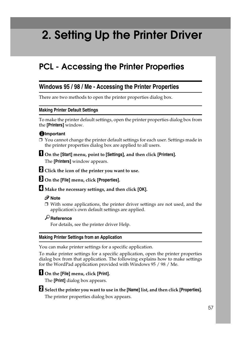 Setting up the printer driver, Pcl - accessing the printer properties, Making printer default settings | Making printer settings from an application | Ricoh Printer Reference User Manual | Page 65 / 162