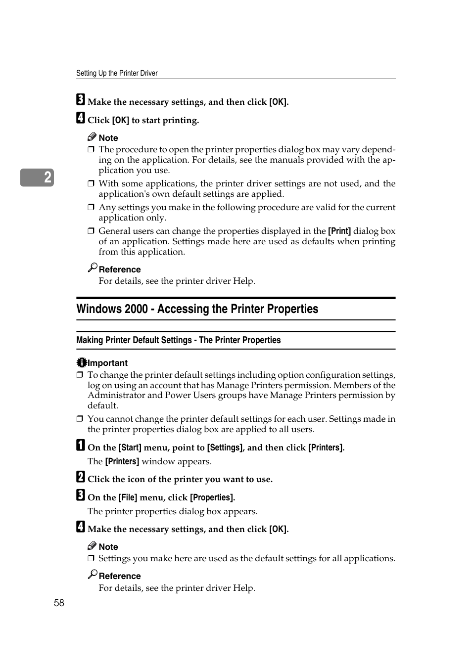 Windows 2000 - accessing the printer properties | Ricoh Printer Reference User Manual | Page 66 / 162