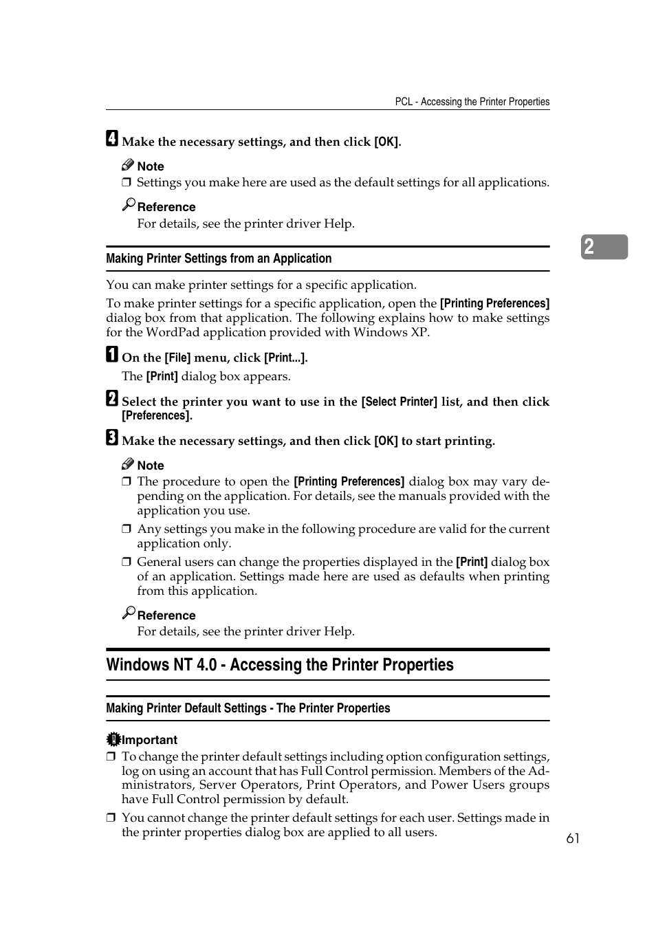 Making printer settings from an application, Windows nt 4.0 - accessing the printer properties | Ricoh Printer Reference User Manual | Page 69 / 162