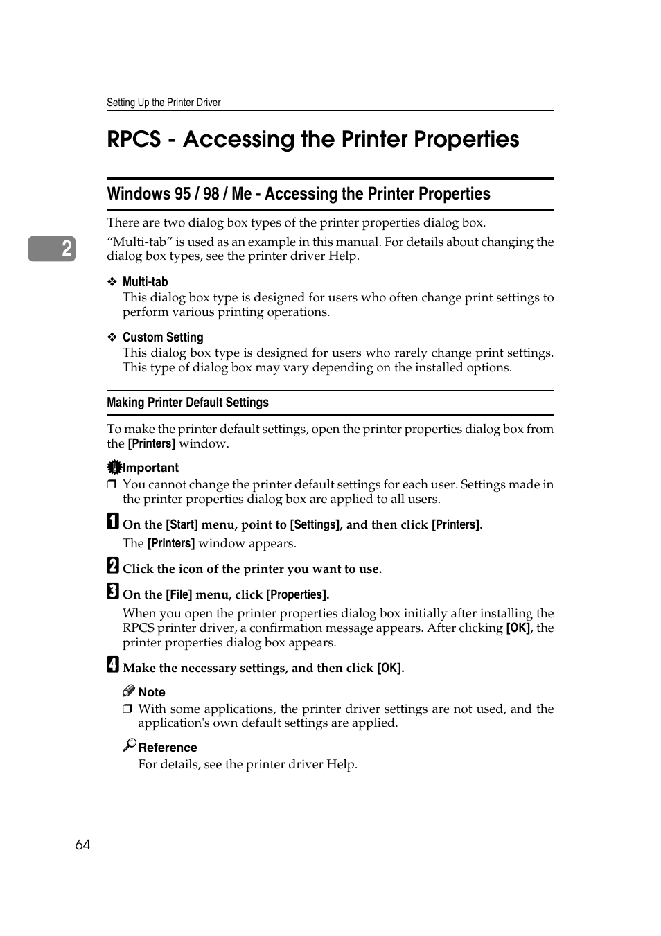 Rpcs - accessing the printer properties, Making printer default settings, 2rpcs - accessing the printer properties | Ricoh Printer Reference User Manual | Page 72 / 162