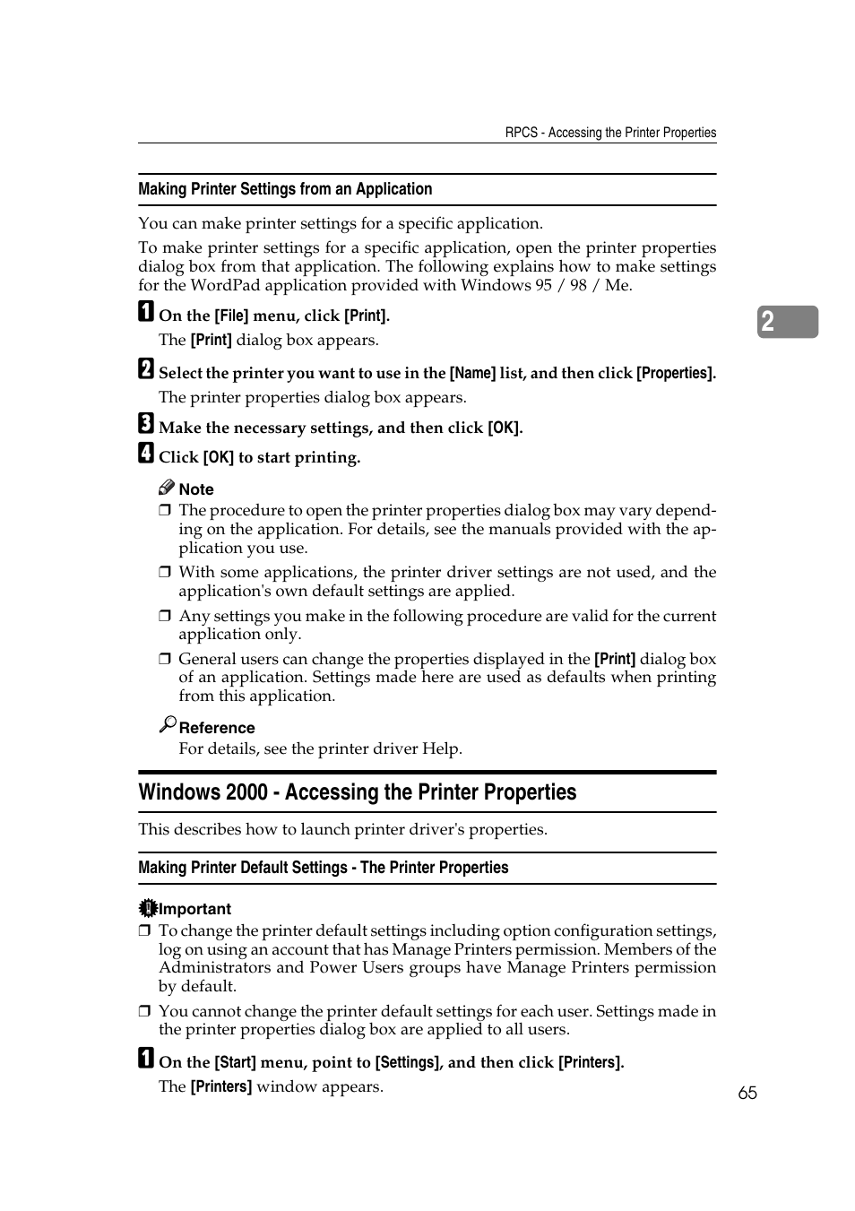 Making printer settings from an application, Windows 2000 - accessing the printer properties | Ricoh Printer Reference User Manual | Page 73 / 162
