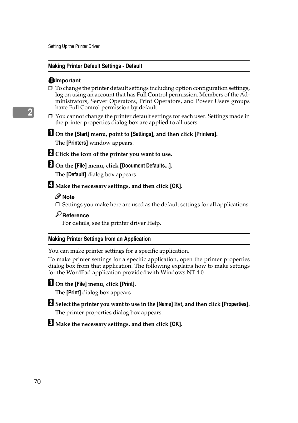Making printer default settings - default, Making printer settings from an application | Ricoh Printer Reference User Manual | Page 78 / 162