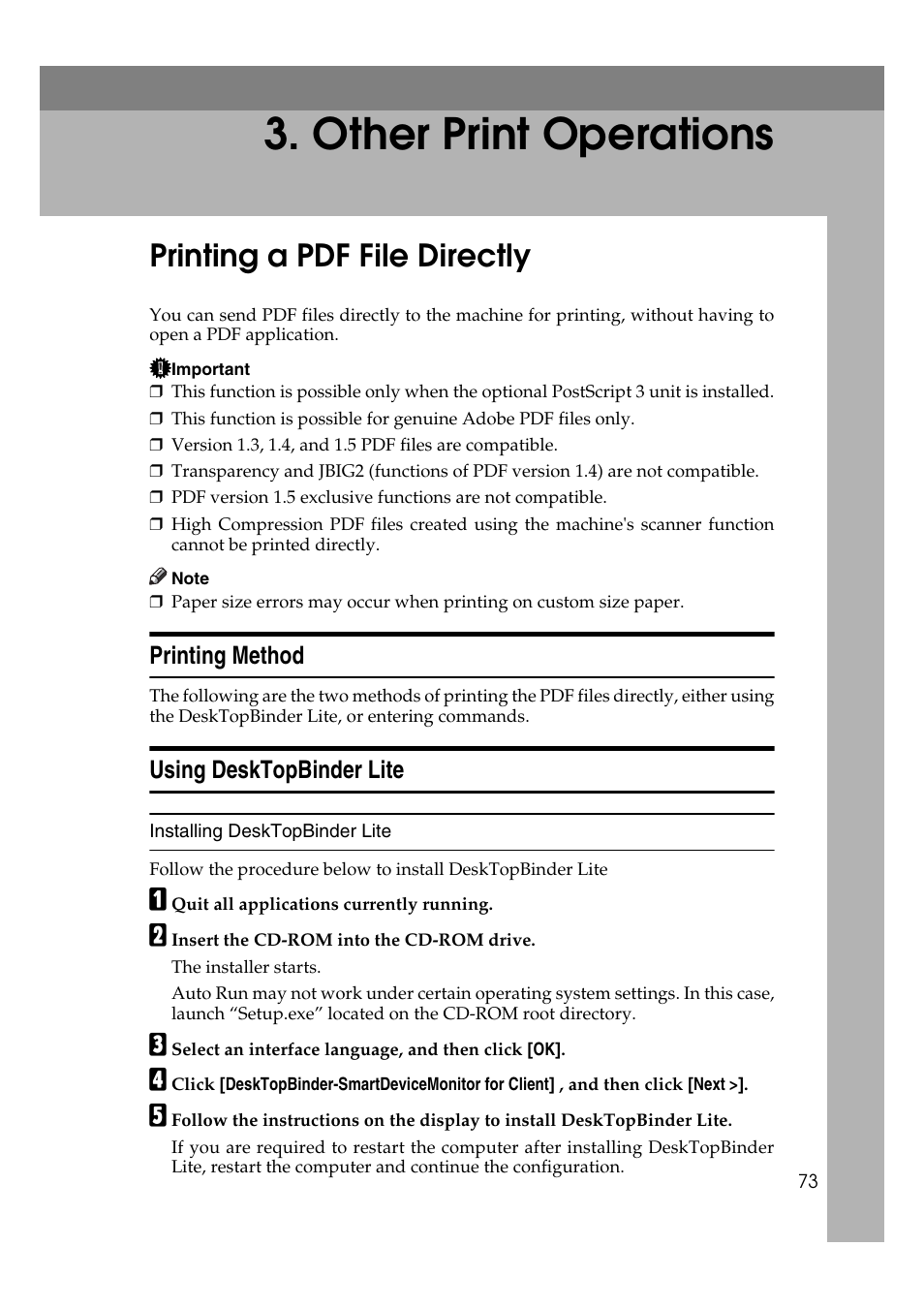 Other print operations, Printing a pdf file directly, Printing method | Using desktopbinder lite, Printing method using desktopbinder lite | Ricoh Printer Reference User Manual | Page 81 / 162