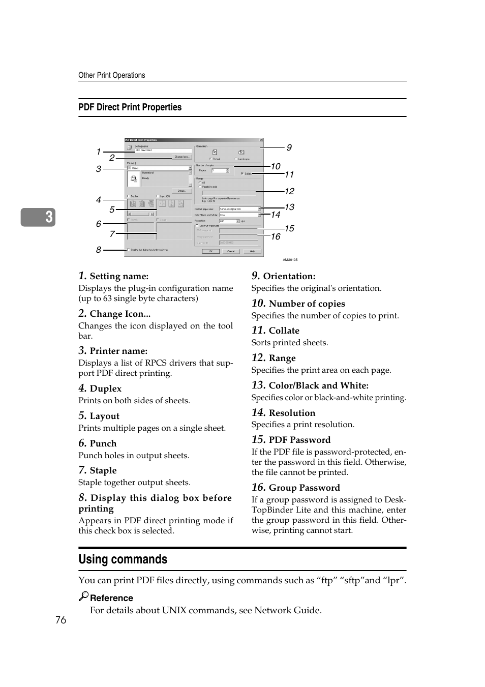 Pdf direct print properties, Using commands | Ricoh Printer Reference User Manual | Page 84 / 162
