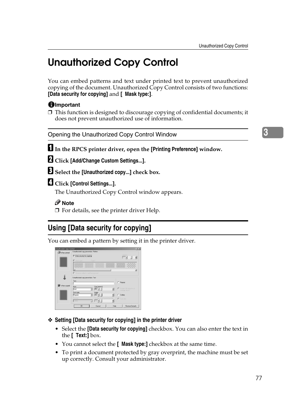 Unauthorized copy control, Using [data security for copying, 3unauthorized copy control | Ricoh Printer Reference User Manual | Page 85 / 162