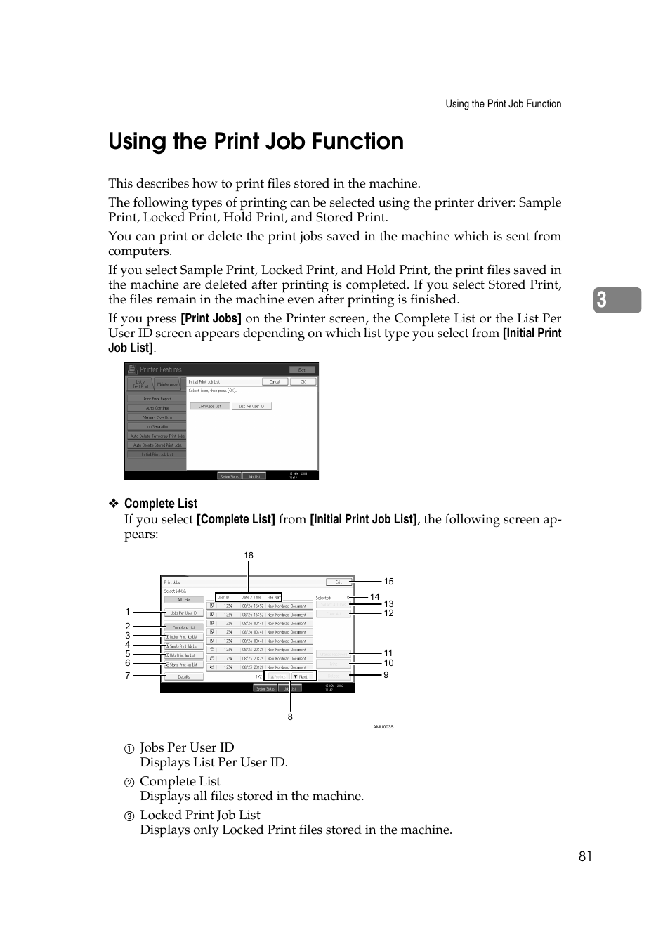 Using the print job function, 3using the print job function, Complete list | Ricoh Printer Reference User Manual | Page 89 / 162