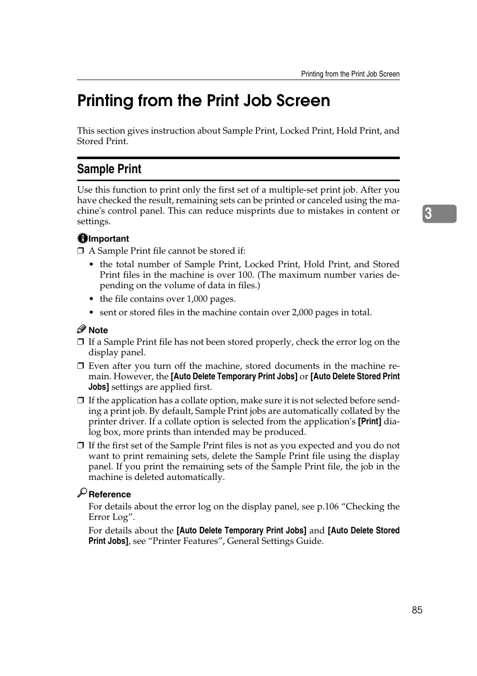 Printing from the print job screen, Sample print, P.85 “sample print | 3printing from the print job screen | Ricoh Printer Reference User Manual | Page 93 / 162