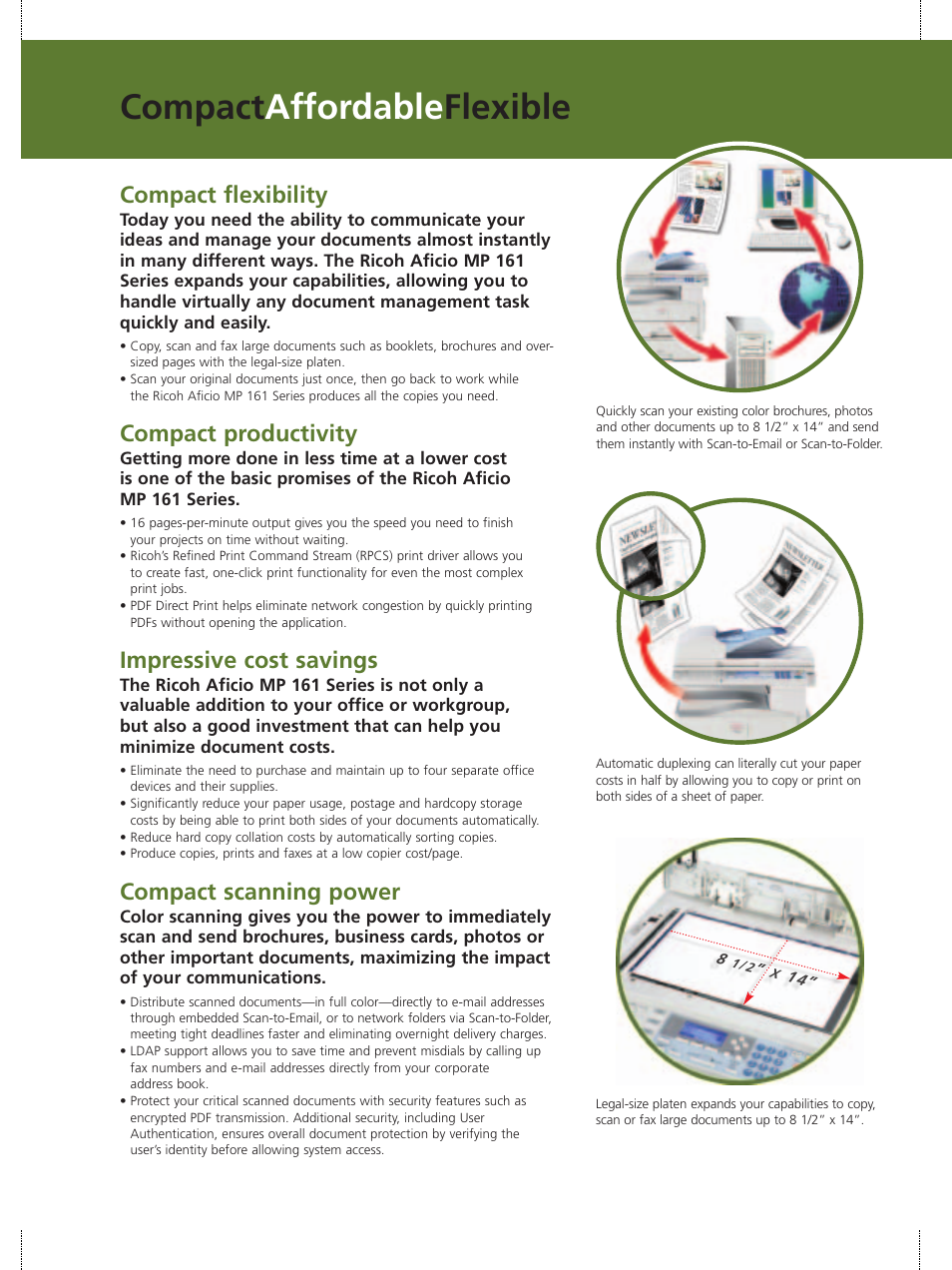 Compact affordable flexible, Compact flexibility, Compact productivity | Impressive cost savings, Compact scanning power | Ricoh MP 161F User Manual | Page 3 / 6