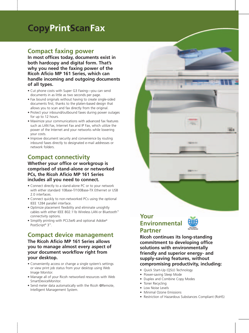 Copy print scan fax, Compact faxing power, Compact connectivity | Compact device management, Your environmental partner | Ricoh MP 161F User Manual | Page 4 / 6