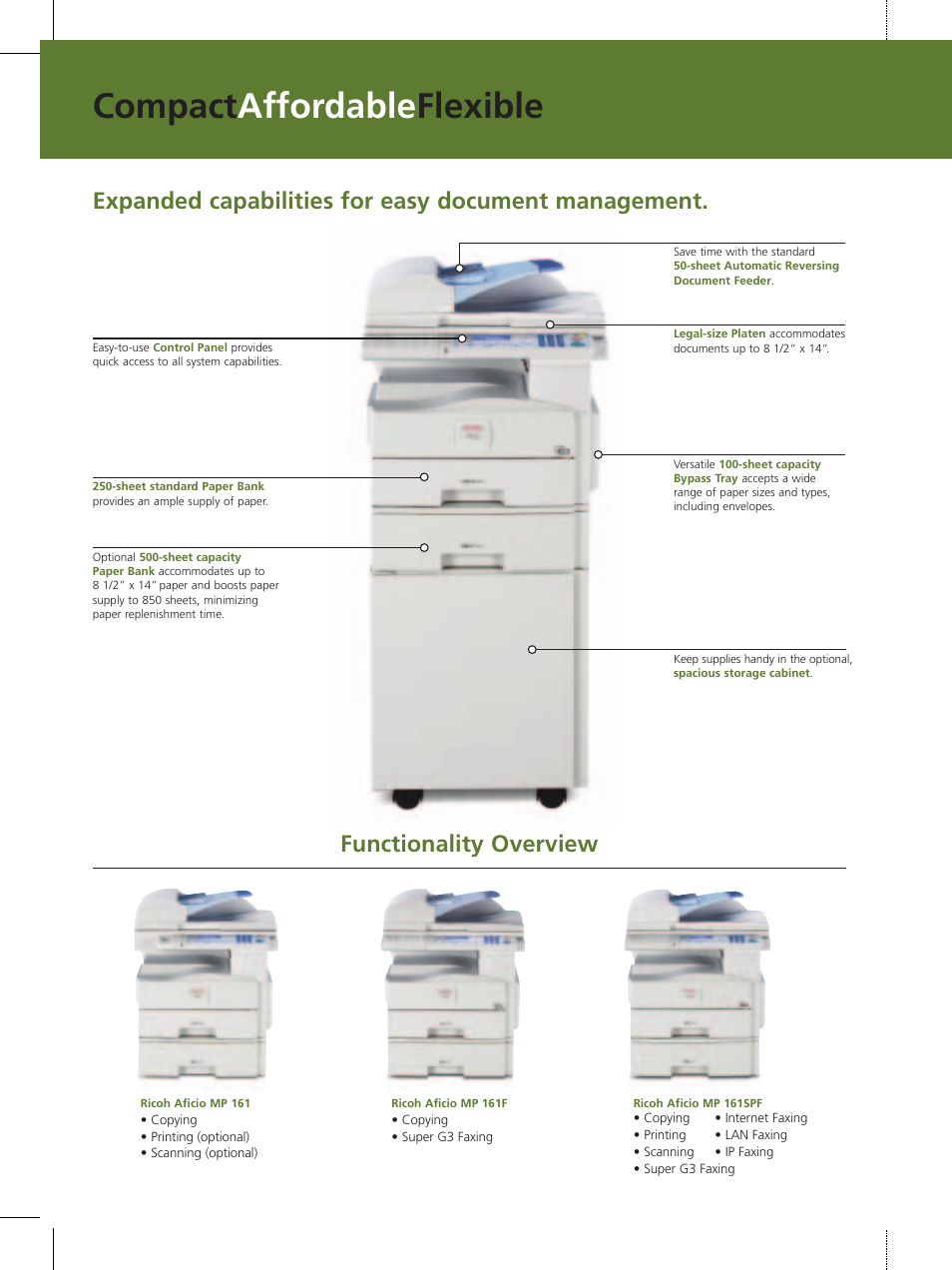 Compact affordable flexible, Expanded capabilities for easy document management, Functionality overview | Ricoh MP 161F User Manual | Page 5 / 6