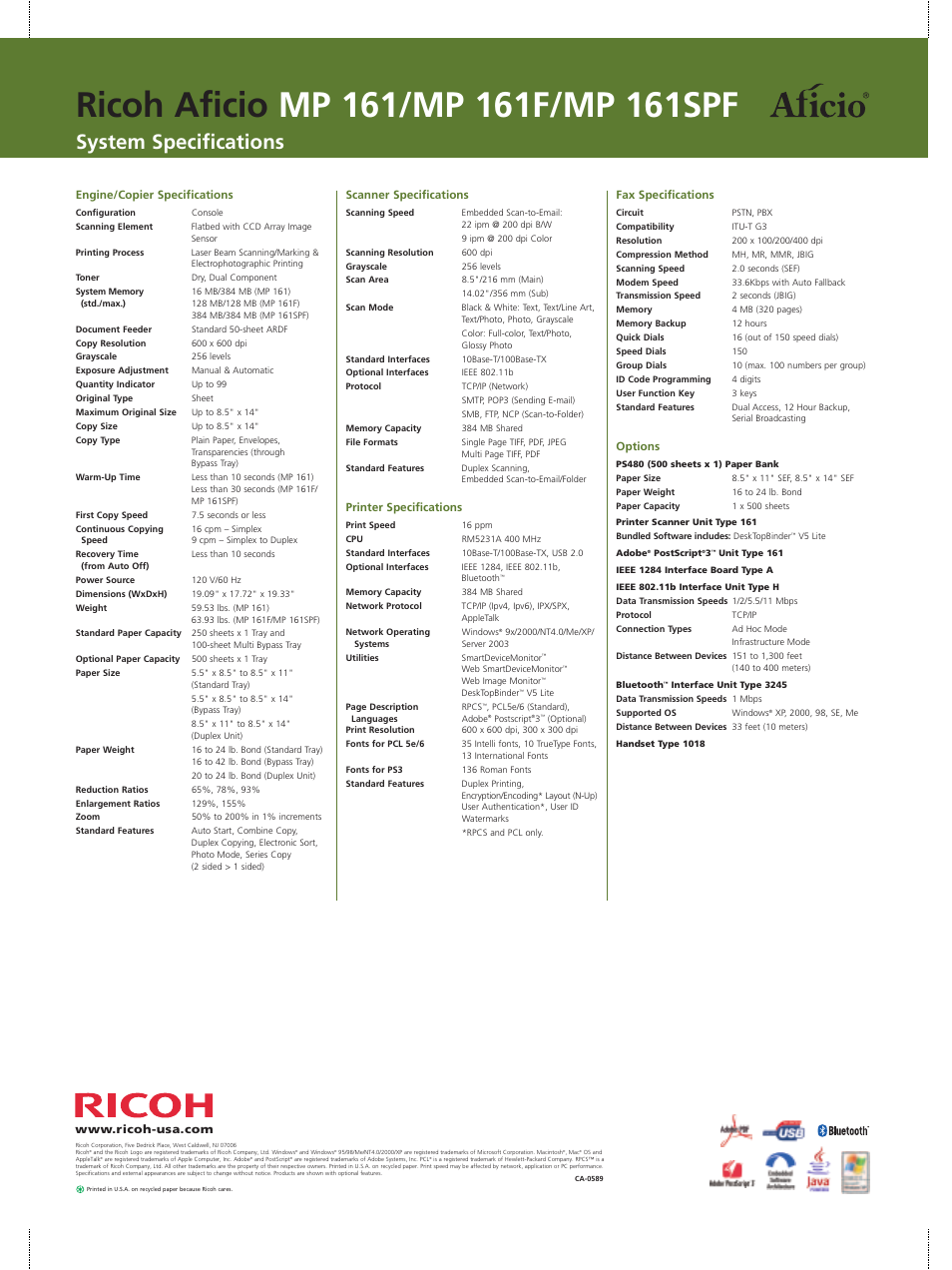 System specifications | Ricoh MP 161F User Manual | Page 6 / 6