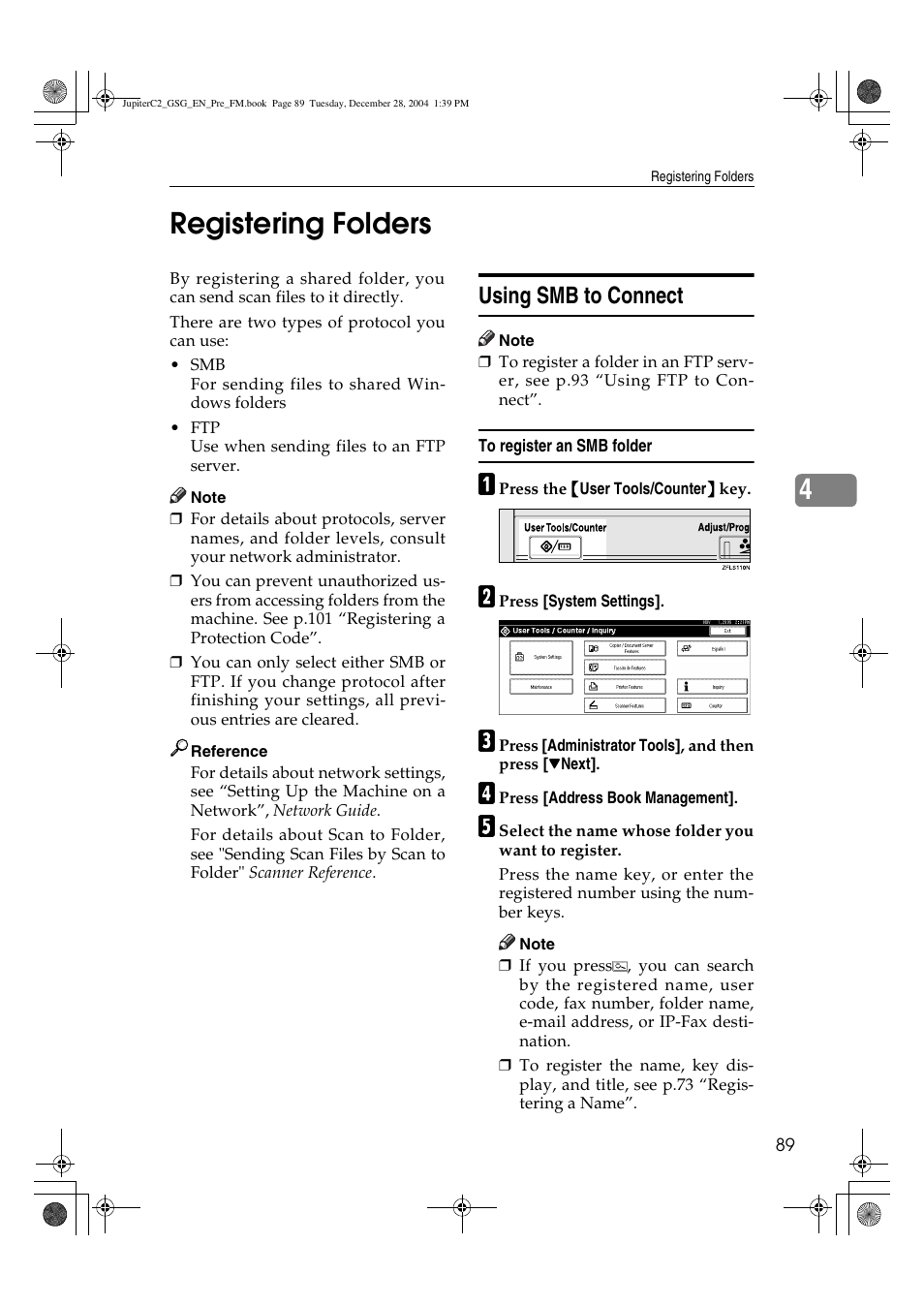 4registering folders, Using smb to connect | Ricoh LD335c User Manual | Page 101 / 196