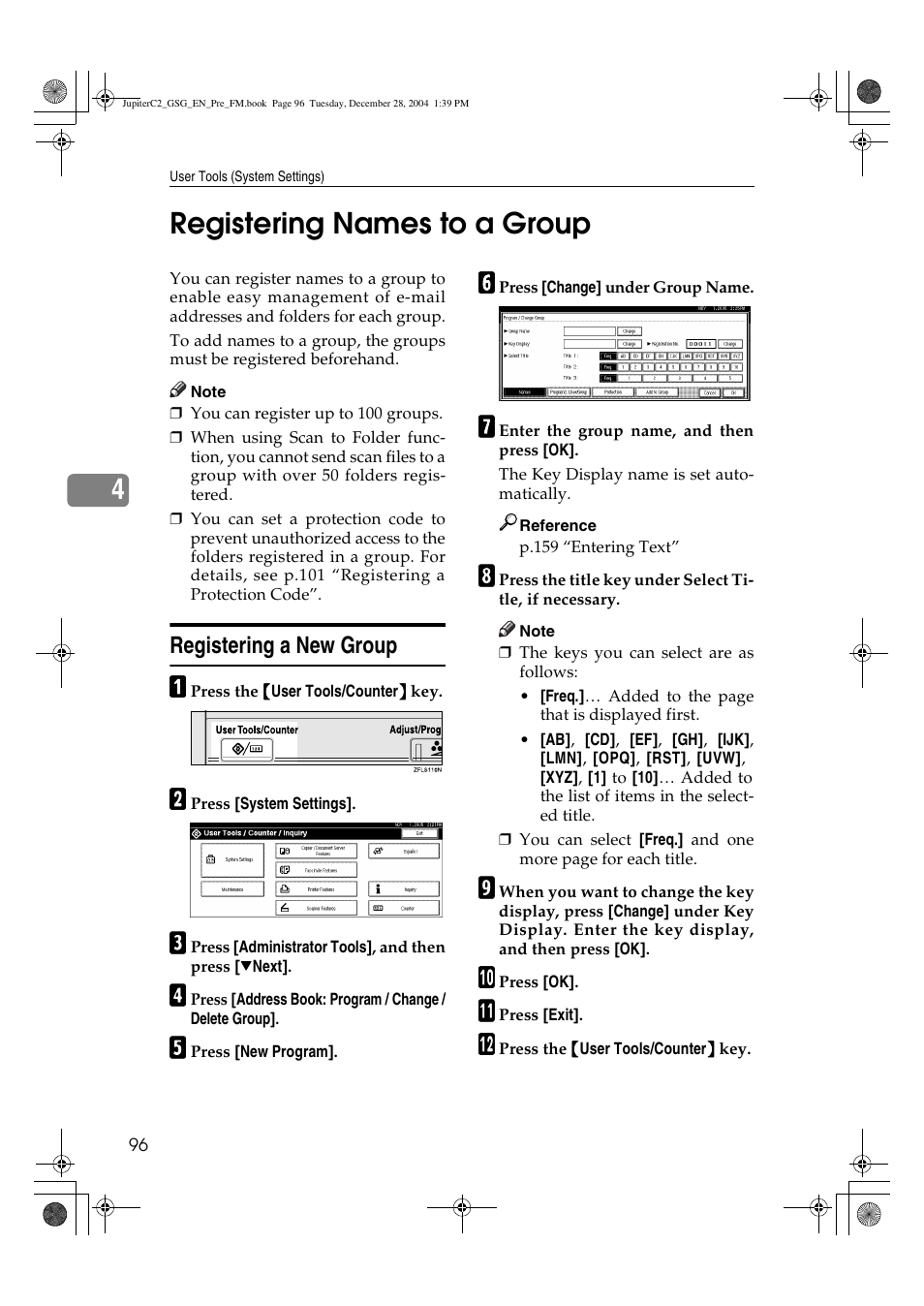 4registering names to a group, Registering a new group | Ricoh LD335c User Manual | Page 108 / 196