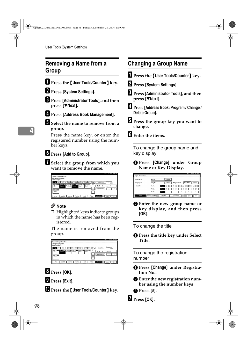 Removing a name from a group, Changing a group name | Ricoh LD335c User Manual | Page 110 / 196