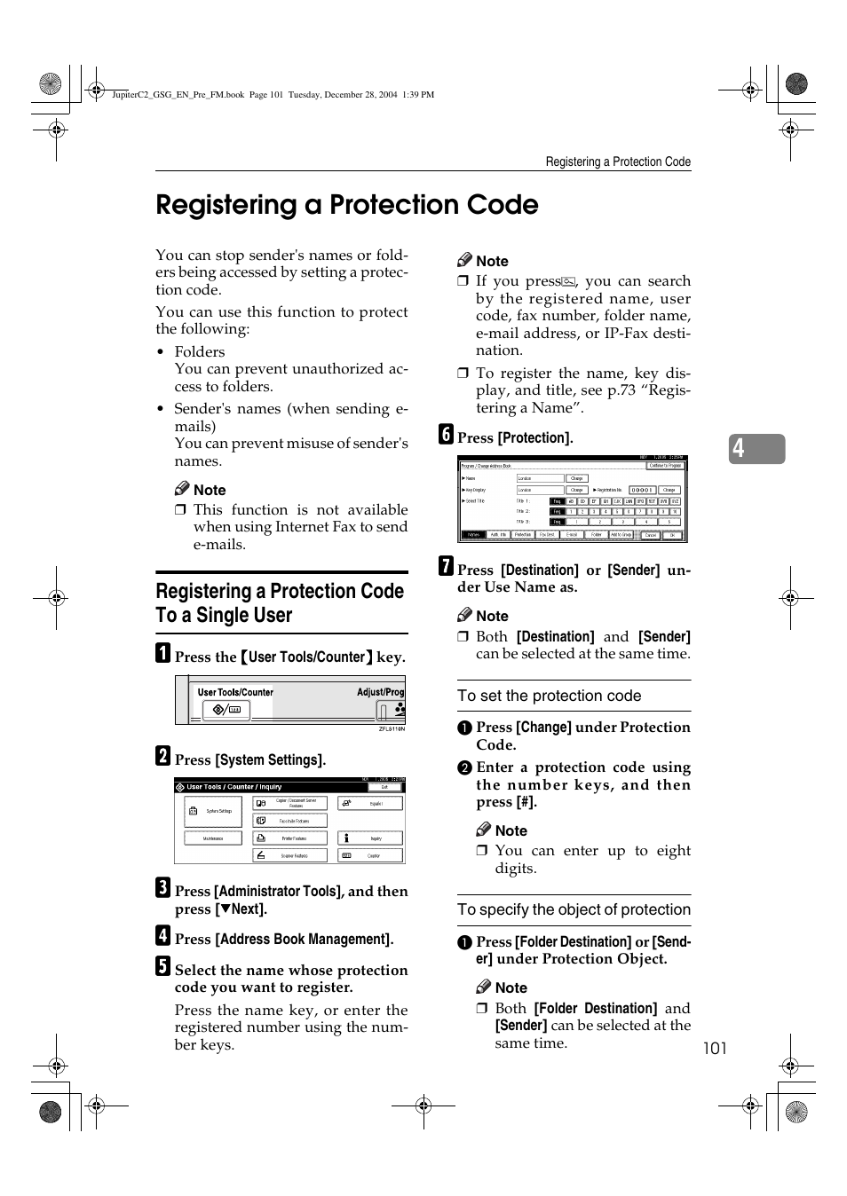 4registering a protection code, Registering a protection code to a single user | Ricoh LD335c User Manual | Page 113 / 196