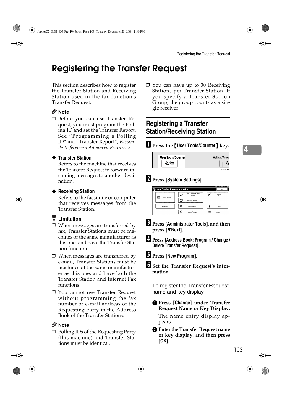 4registering the transfer request, Registering a transfer station/receiving station | Ricoh LD335c User Manual | Page 115 / 196