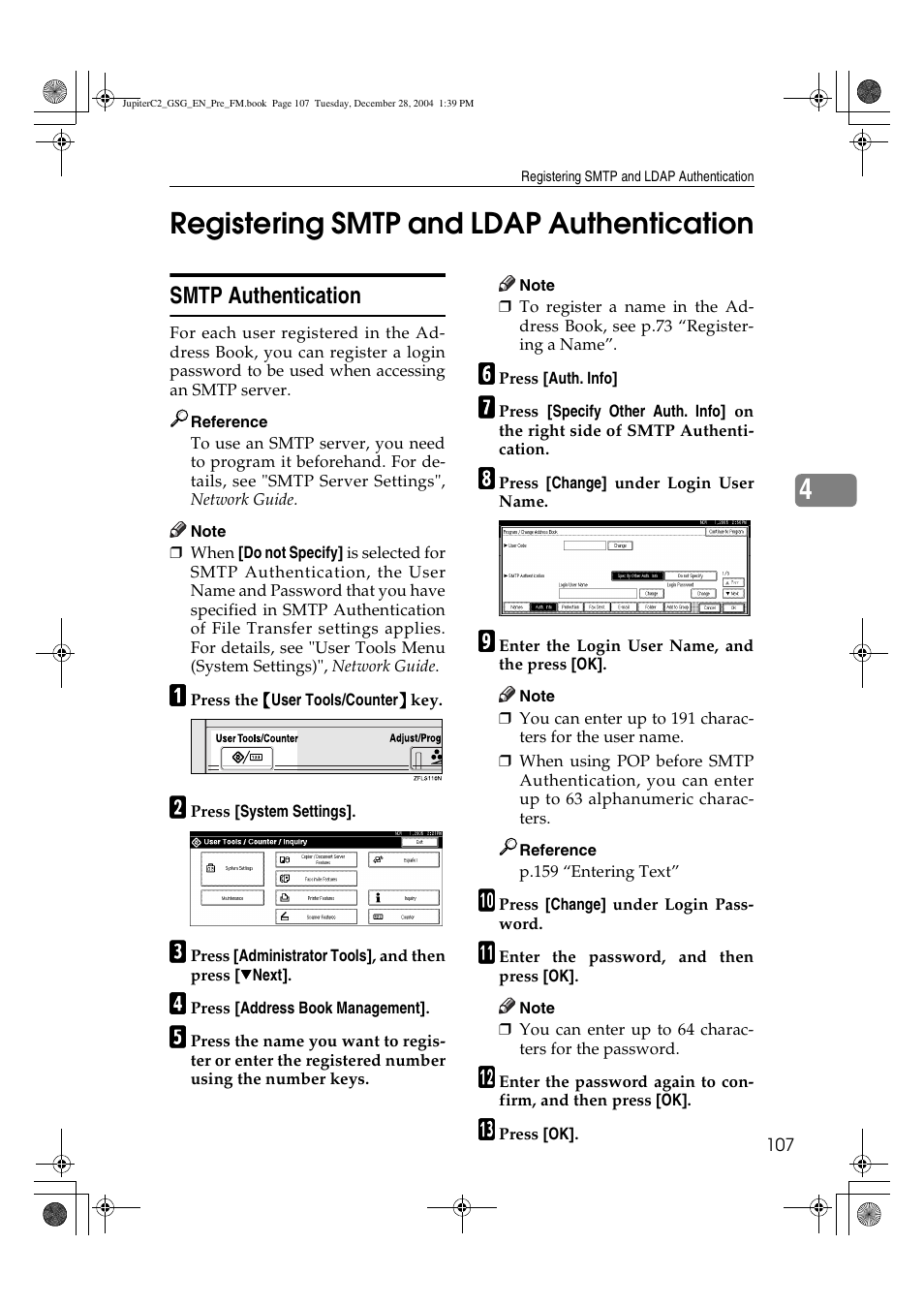 4registering smtp and ldap authentication, Smtp authentication | Ricoh LD335c User Manual | Page 119 / 196