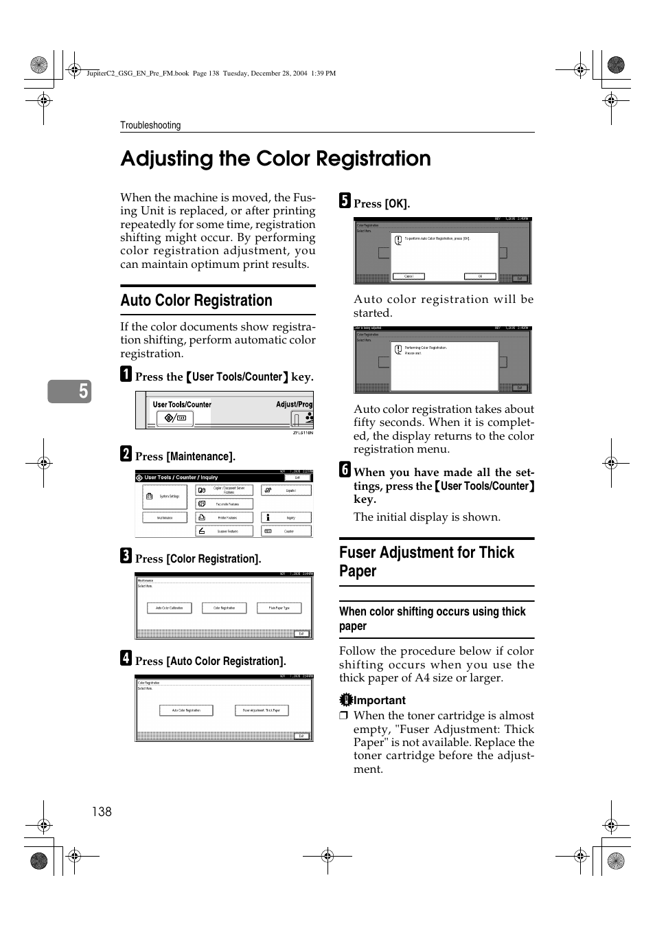 5adjusting the color registration, Auto color registration, Fuser adjustment for thick paper | Ricoh LD335c User Manual | Page 150 / 196