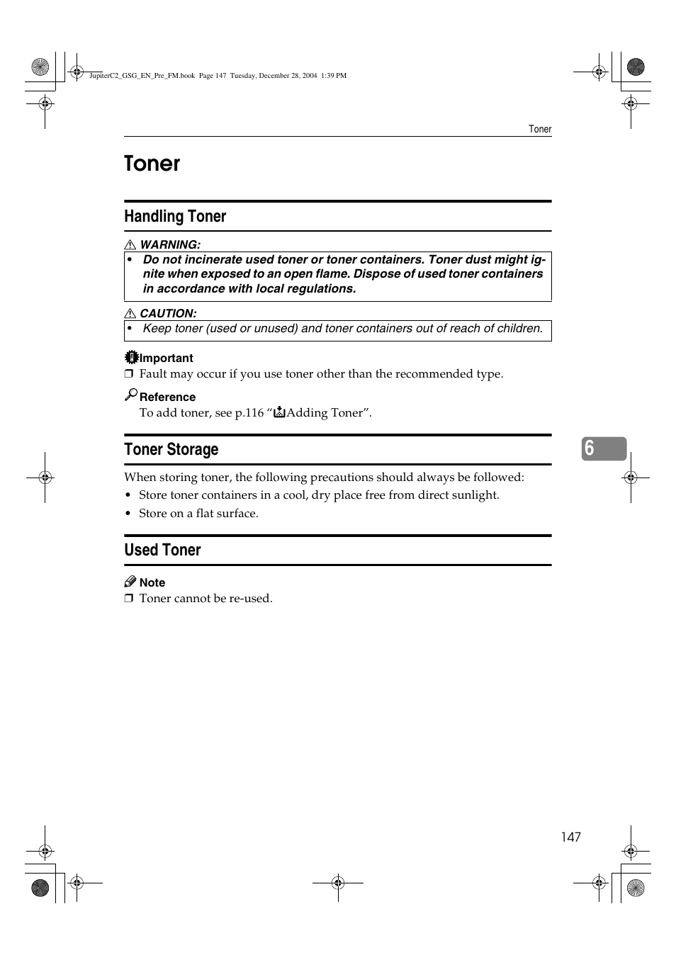 6toner, Handling toner, Toner storage | Used toner | Ricoh LD335c User Manual | Page 159 / 196