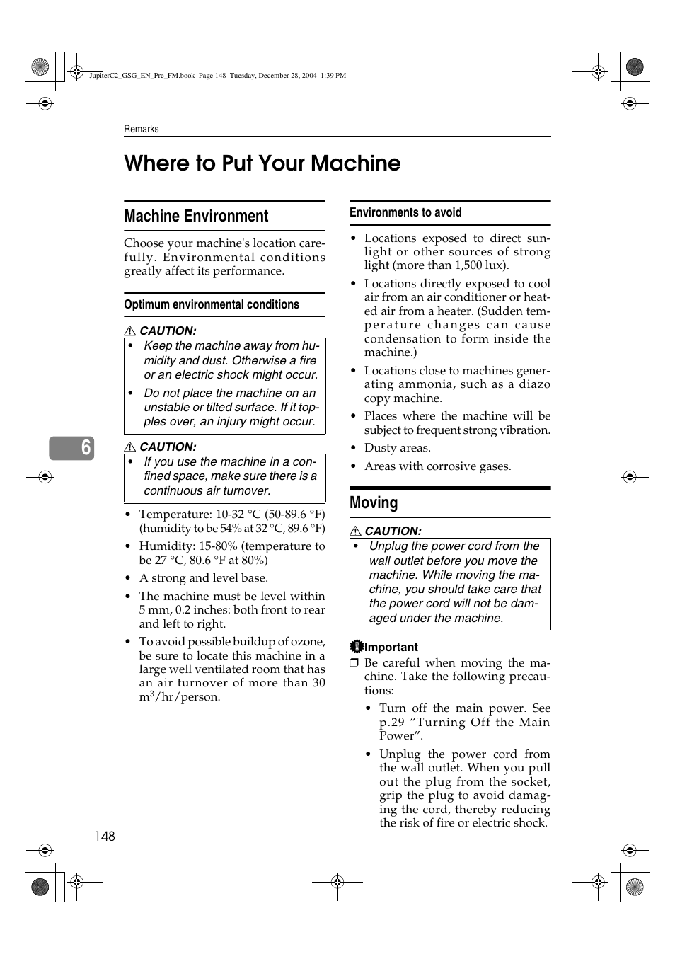 6where to put your machine, Machine environment, Moving | Ricoh LD335c User Manual | Page 160 / 196