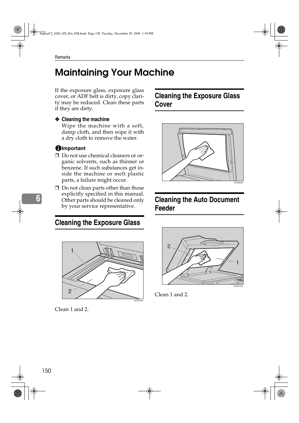 6maintaining your machine, Cleaning the exposure glass | Ricoh LD335c User Manual | Page 162 / 196