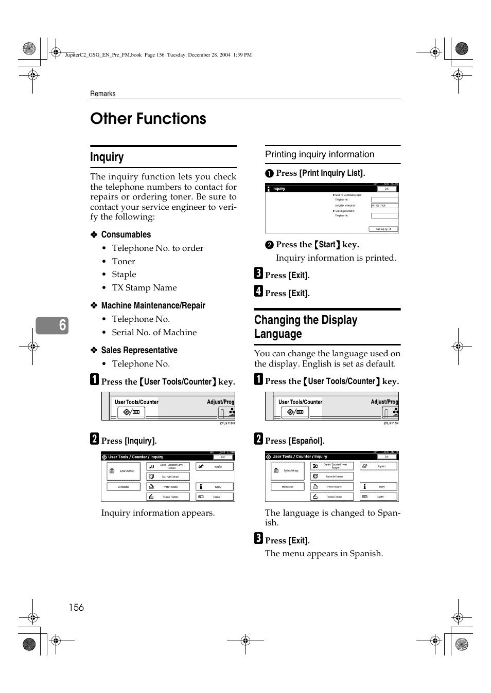 6other functions, Inquiry, Changing the display language | Ricoh LD335c User Manual | Page 168 / 196
