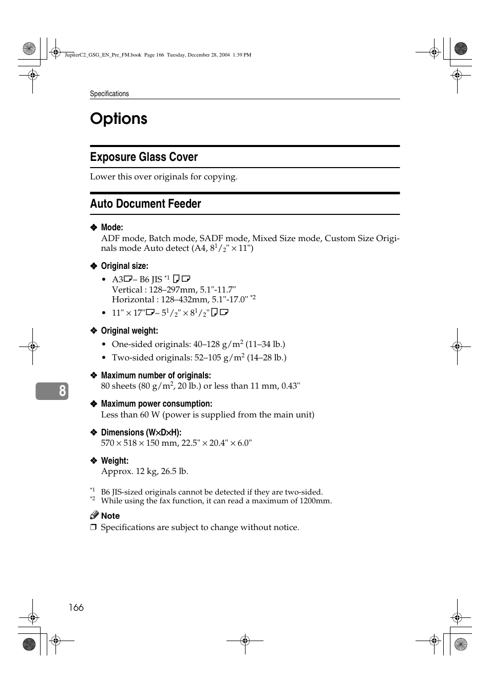 8options, Exposure glass cover, Auto document feeder | Ricoh LD335c User Manual | Page 178 / 196