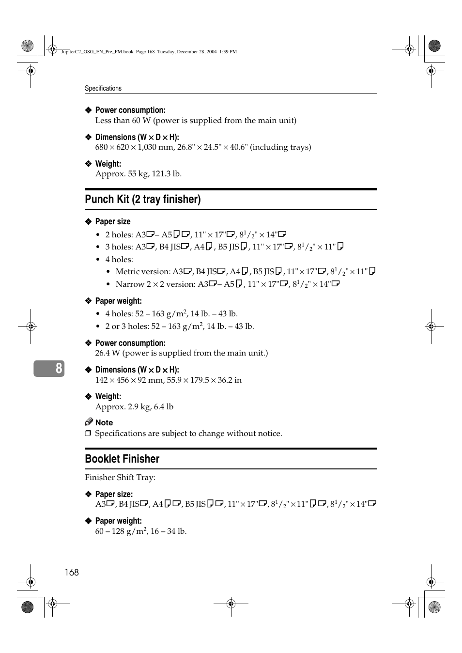 Punch kit (2 tray finisher), Booklet finisher | Ricoh LD335c User Manual | Page 180 / 196